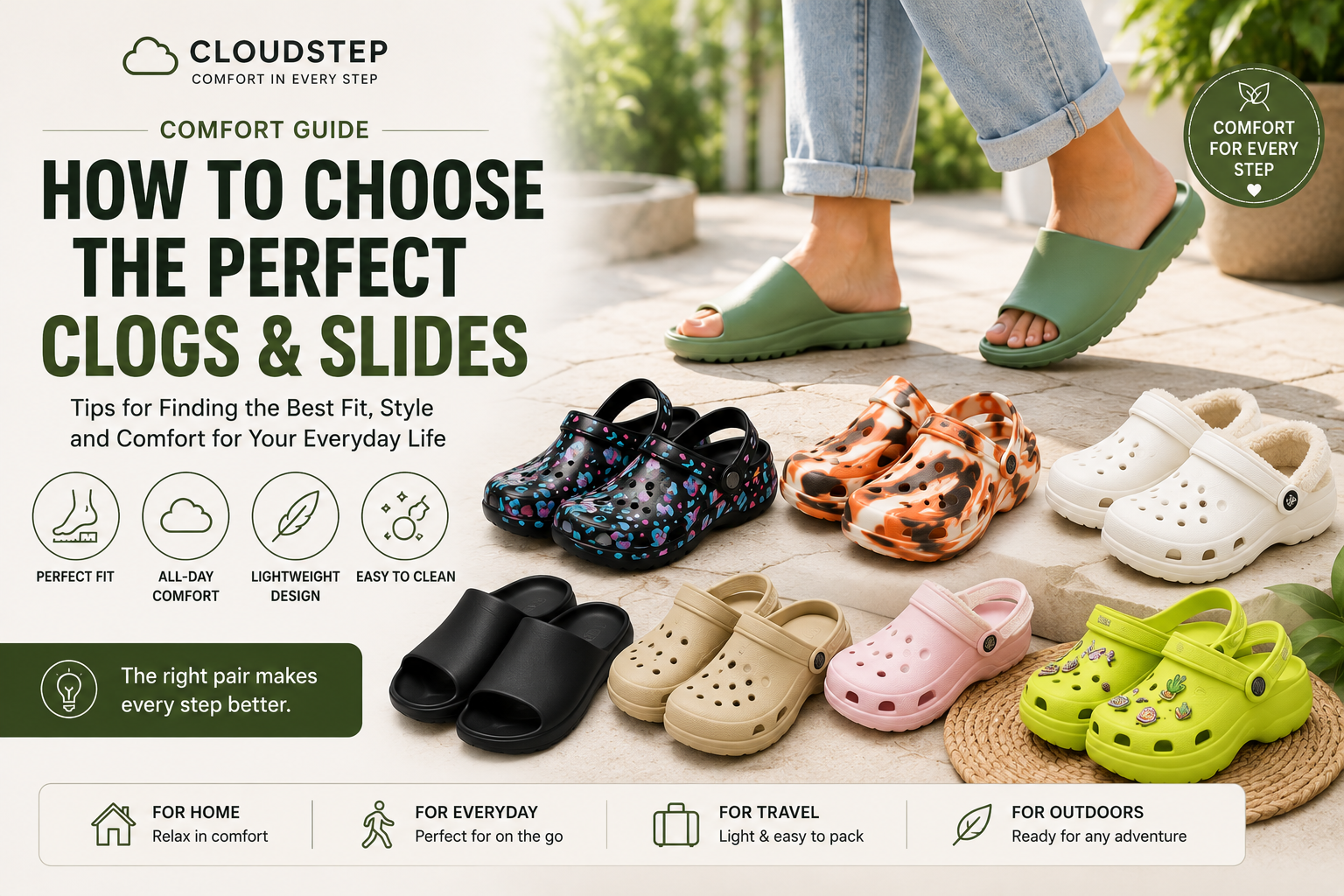 Person wearing CloudStep comfort slides with a selection of clogs and sandals, illustrating how to choose comfortable everyday footwear.