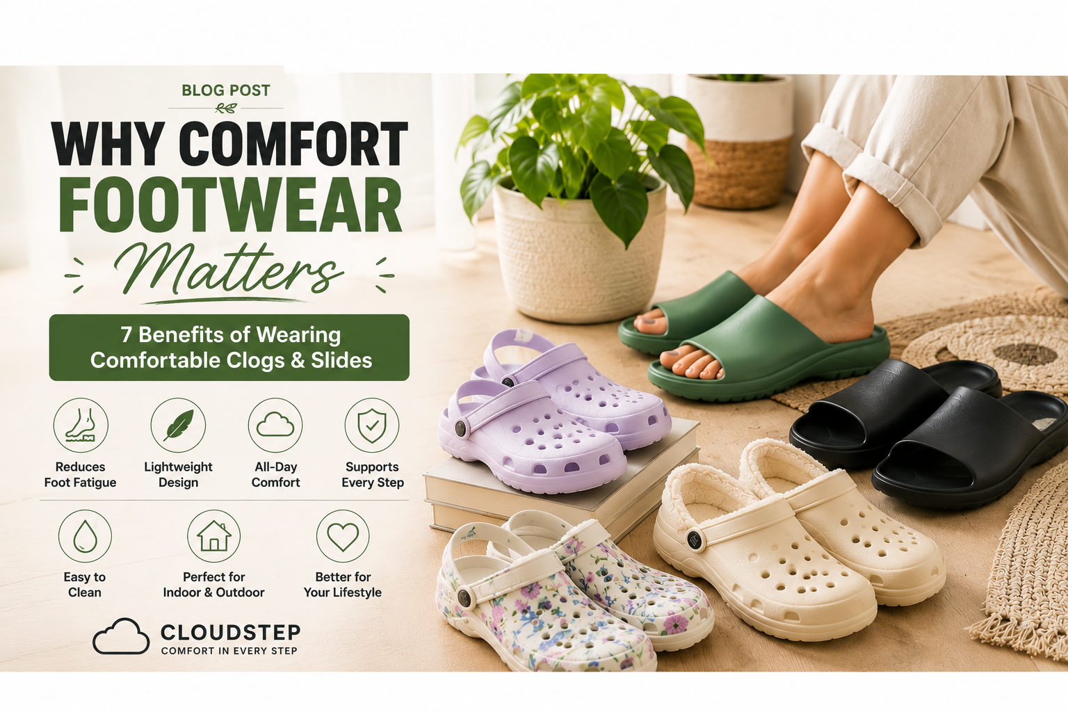 Person wearing CloudStep recovery slides with a selection of comfortable clogs and slides, illustrating how to choose the perfect everyday comfort footwear.