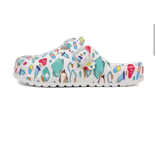 Healthcare-themed EVA clogs with durable non-slip outsole.