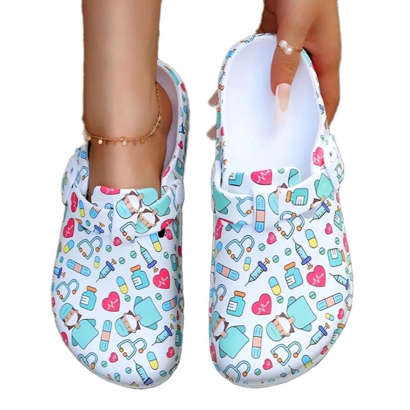 Women's printed EVA platform clogs for long work shifts.