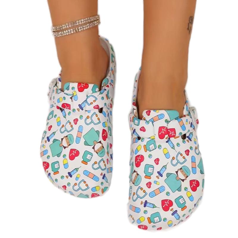Women's nurse print platform clogs featuring breathable ventilation holes.
