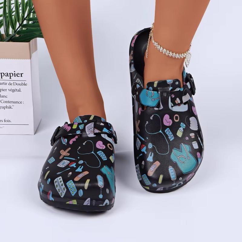 Nurse print EVA platform clogs with lightweight comfort and colorful medical-themed design.