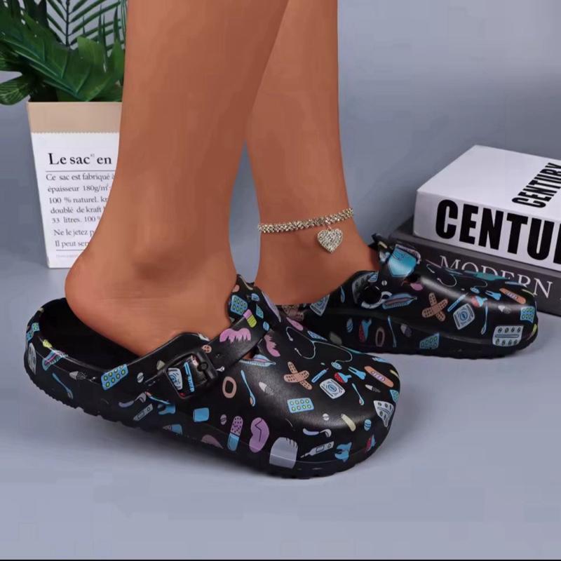 Lightweight nurse pattern platform clogs with cushioned EVA sole.