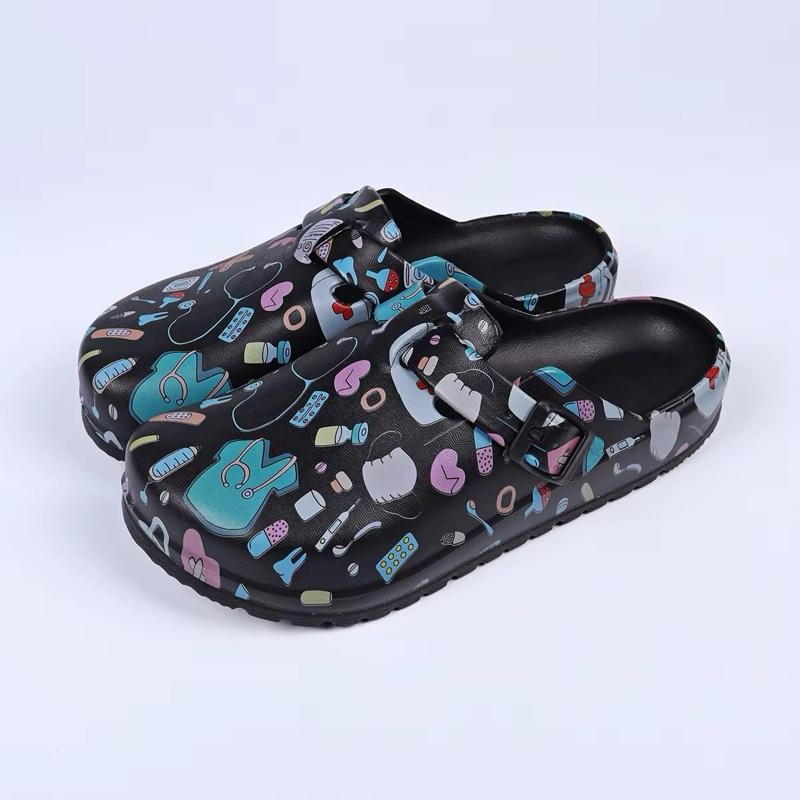 Comfortable nursing clogs with adjustable heel strap.